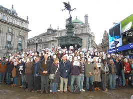 ‘CALL NATIONAL DEMONSTRATION AGAINST CUTS’ – actors demand of Equity A section of the 500 actors demonstrating their opposition to the Art Council cuts in funding at Piccadilly Circus on Tuesday