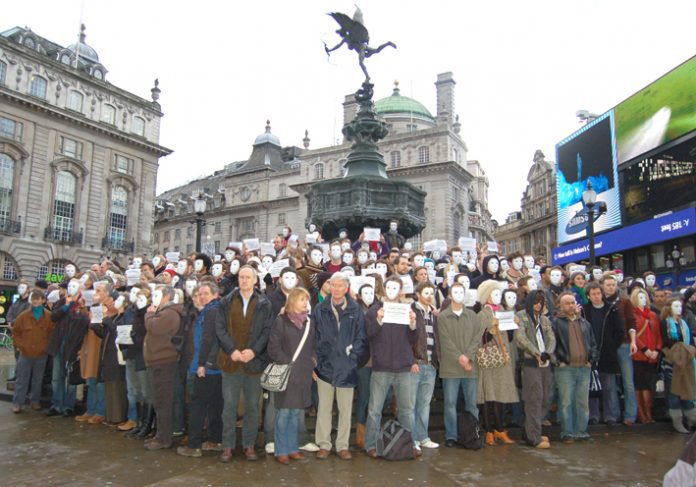 A section of the 500 actors demonstrating their opposition to the Art Council cuts in funding at Piccadilly Circus on Tuesday