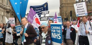 NHS trade unionists marching in London on November 3rd to defend the NHS against the privateers