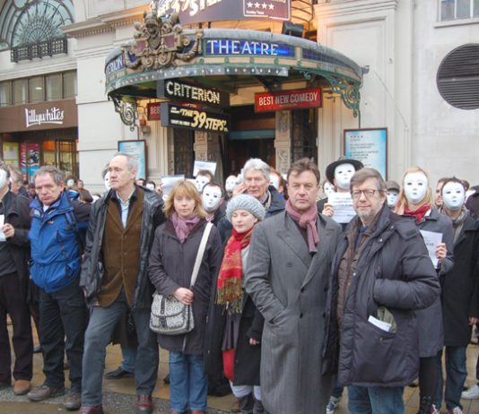DAVID SCHOFIELD (2nd left) and  NIGEL PLANER (3rd left) amongst more than 500 actors demonstrating last Tuesday  in Piccadilly Circus, London, to protest at the huge cuts being made in the Arts budget
