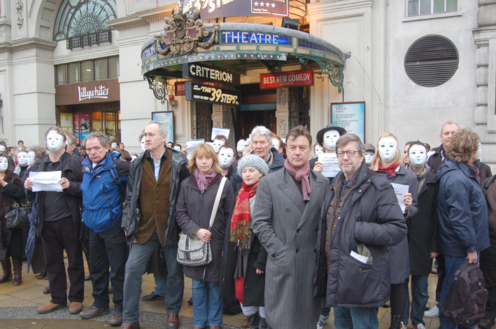 DAVID SCHOFIELD (2nd left) and  NIGEL PLANER (3rd left) amongst more than 500 actors demonstrating last Tuesday  in Piccadilly Circus, London, to protest at the huge cuts being made in the Arts budget