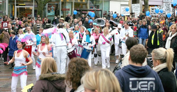 A section of the 1,000-strong march through Norwich on Saturday against Arts Council imposed funding cuts