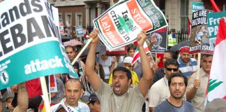 Angry Lebanese demonstrating in London against Israeli bombing of Lebanon last July