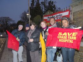 Part of Tuesday morning’s mass picket outside Chase Farm Hospital  – it began in the dark at 7.00am