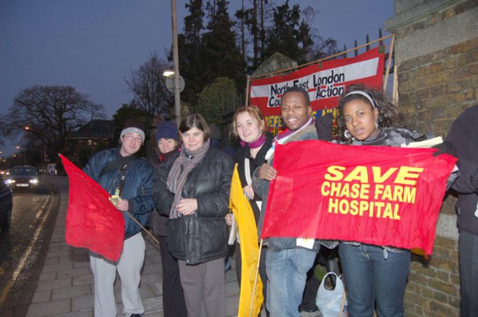 Part of Tuesday morning’s mass picket outside Chase Farm Hospital  – it began in the dark at 7.00am