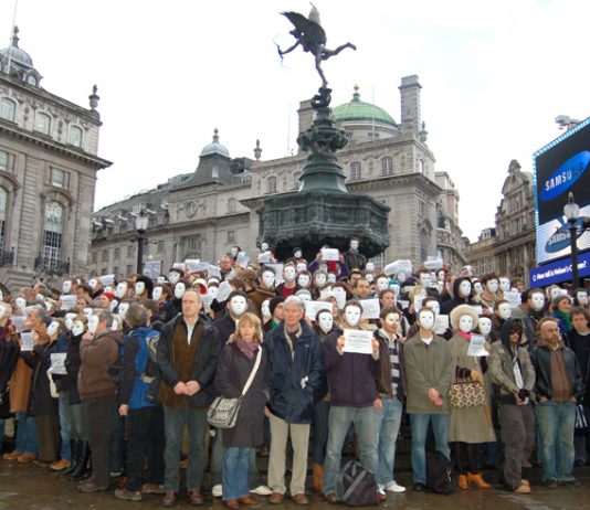 Actors protest in London’s Piccadilly Circus on January 15 against the Arts Council funding cuts