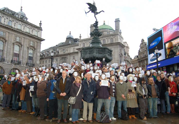 Actors protest in London’s Piccadilly Circus on January 15 against the Arts Council funding cuts