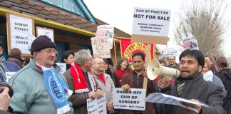 Residents & GPs demonstrate against the takeover of St Paul’s Way GP surgery in Bow, by private company Atos Healthcare