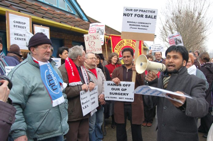 Residents & GPs demonstrate against the takeover of St Paul’s Way GP surgery in Bow, by private company Atos Healthcare