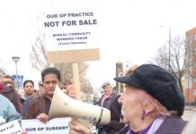 Protesters outside St Paul’s Way surgery in Bow last Thursday, demanding that the privateers be kept out
