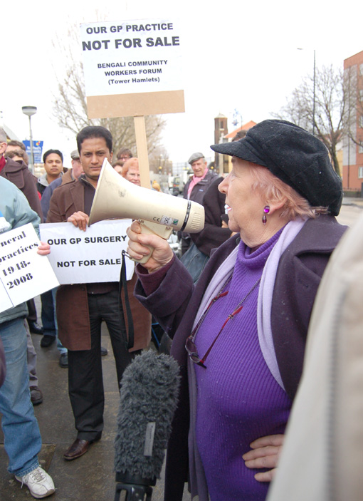 Protesters outside St Paul’s Way surgery in Bow last Thursday, demanding that the privateers be kept out