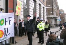 A police officer threatened to arrest the small picket outside the Middle East Energy Conference in London yesterday morning. The demonstrators were urging those coming into the conference to keep their hands off Iraq’s oil and that it must not be privati