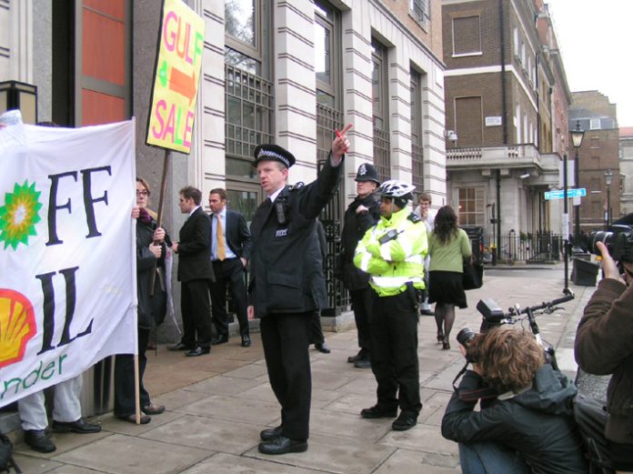 A police officer threatened to arrest the small picket outside the Middle East Energy Conference in London yesterday morning. The demonstrators were urging those coming into the conference to keep their hands off Iraq’s oil and that it must not be privati