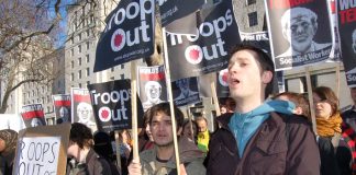 Protesters demanding troops out of Afghanistan picketing Downing Street yesterday