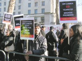 ‘STOP SUPPLYING SRI LANKAN MILITARY’ – demand marchers to Indian parliament A section of the 3,500-strong protest outside Downing Street last Monday demanding the British government intervene to stop the mass murder of Tamil people