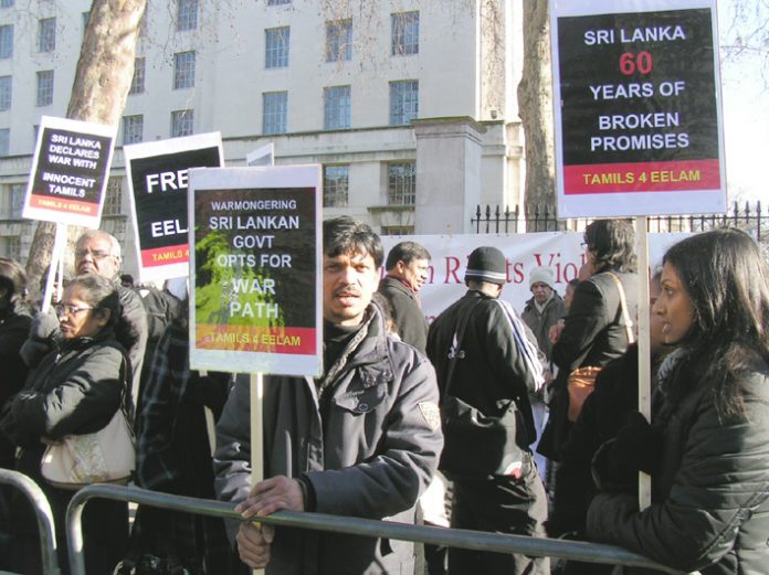 A section of the 3,500-strong protest outside Downing Street last Monday demanding the British government intervene to stop the mass murder of Tamil people