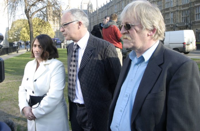 ROSE GENTLE, lawyer PHIL SHINER and PETER BRIERLEY outside the House of Lords yesterday, where they called for a public inquiry into the legality of the Iraq war. Rose Gentle’s son Gordon died in Iraq in 2004, aged 19