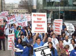 Junior doctors march against the government’s disastrous imposition of the Medical Training and Application Service proposals which have left thousands without jobs