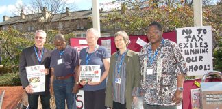 Wembley Park occupation members including NUT executive member HANK ROBERTS (left) taking their campaign to last year’s NUT conference