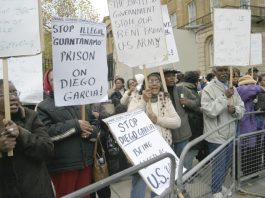 Chagos Islanders demonstrating outside Downing Street last November demanding the right to return to their islands  and the expulsion of the US base from Diego Garcia, the largest of them