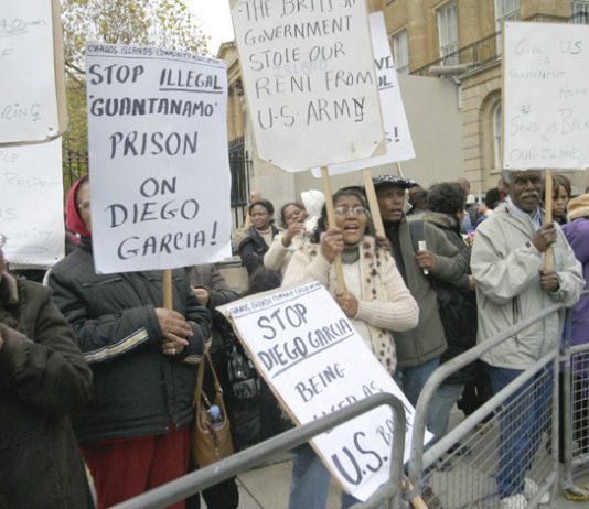 Chagos Islanders demonstrating outside Downing Street last November demanding the right to return to their islands  and the expulsion of the US base from Diego Garcia, the largest of them