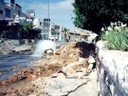 Water main in the Palestinian West Bank  burst by an Israeli army tank