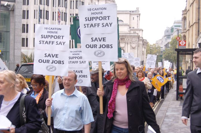 PCS members marching in central London against attacks on jobs and pensions on October 12 last year