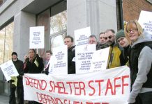 Striking Shelter staff demonstrating yesterday at the housing charity’s headquarters in Old Street