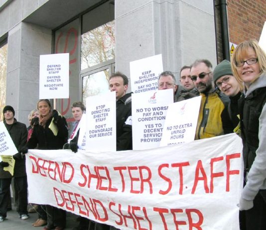 Striking Shelter staff demonstrating yesterday at the housing charity’s headquarters in Old Street