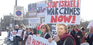 Over 200 people took part in yesterday’s emergency demonstration opposite parliament against Israeli massacres of Palestinians