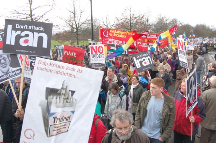 Demonstrators in London in February last year demand no attack on Iran and immediate withdrawal of British troops from Iraq and Afghanistan