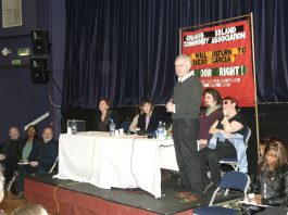 Chagossians Demand Right To Return! Labour MP John McDonnell addressing the meeting. Next to him is James Rolls (SERTUC) and Zina Dodgson (UNISON). Third from left is Andy Reid from the PCS National Executive Committee