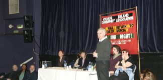 Labour MP John McDonnell addressing the meeting. Next to him is James Rolls (SERTUC) and Zina Dodgson (UNISON). Third from left is Andy Reid from the PCS National Executive Committee