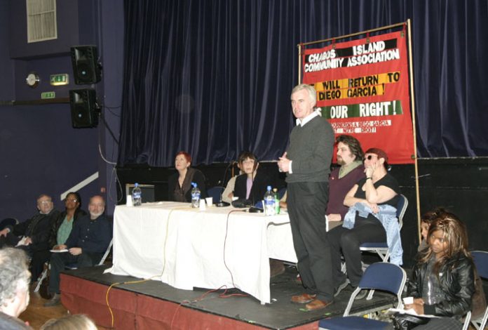 Labour MP John McDonnell addressing the meeting. Next to him is James Rolls (SERTUC) and Zina Dodgson (UNISON). Third from left is Andy Reid from the PCS National Executive Committee