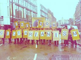 Communication Workers Union  members with a clear message at the front of the Belfast demonstration on January 18th 2002 after a young postal worker was shot dead by loyalists