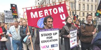 NUT members and UCU lecturers marching together on the 20,000-strong march against pay cuts in London on Thursday