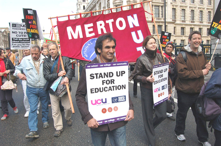 NUT members and UCU lecturers marching together on the 20,000-strong march against pay cuts in London on Thursday