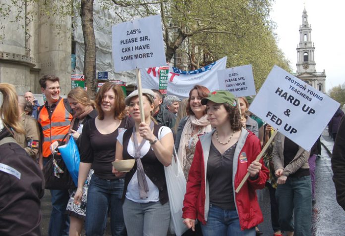 Angry teachers marching through London last Thursday when 400,000 teachers, lecturers and civil servants took strike action