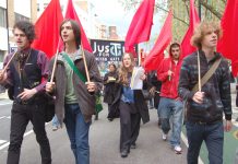 Young Socialists on yesterday’s march with the Justice for the Sacked Gate Gourmet Workers’ banner just behind them