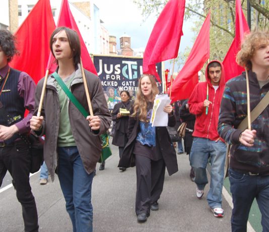 Young Socialists on yesterday’s march with the Justice for the Sacked Gate Gourmet Workers’ banner just behind them