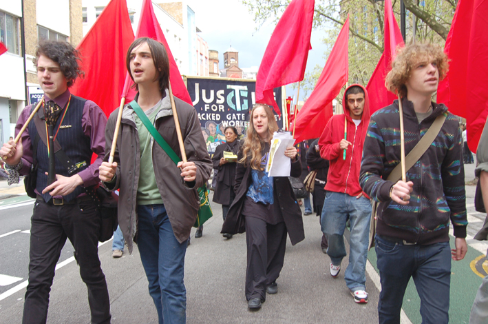 Young Socialists on yesterday’s march with the Justice for the Sacked Gate Gourmet Workers’ banner just behind them