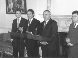 AHERN with ‘BIFFO’ COWEN (right) in Downing Street with BLAIR and MANDELSON (left)