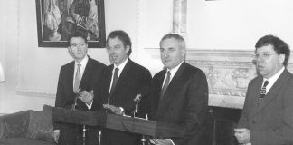 AHERN with ‘BIFFO’ COWEN (right) in Downing Street with BLAIR and MANDELSON (left)