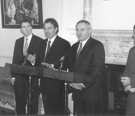 AHERN with ‘BIFFO’ COWEN (right) in Downing Street with BLAIR and MANDELSON (left)