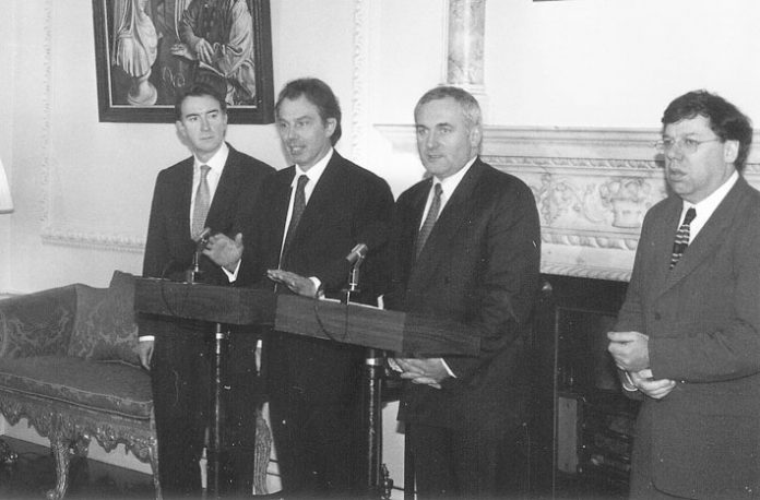 AHERN with ‘BIFFO’ COWEN (right) in Downing Street with BLAIR and MANDELSON (left)