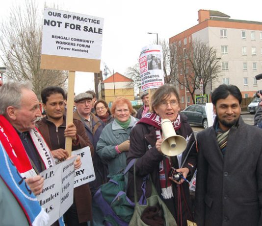 Doctors, local residents and trade unionists demonstrating against the privatisation of GP surgeries in Tower Hamlets