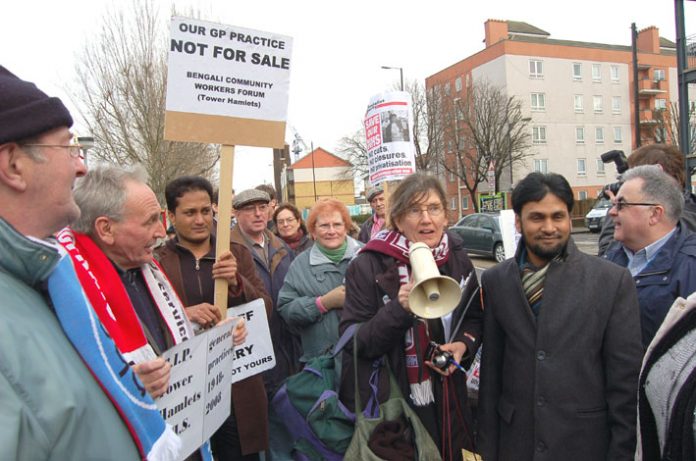 Doctors, local residents and trade unionists demonstrating against the privatisation of GP surgeries in Tower Hamlets