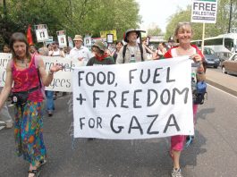 Marchers in London last Saturday  demanding the lifting of the Israeli siege of Gaza