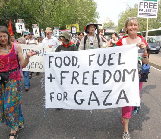 Marchers in London last Saturday  demanding the lifting of the Israeli siege of Gaza