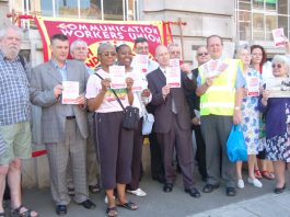 More than 50 local residents joined members of the CWU postal workers’ union at the protest on Monday